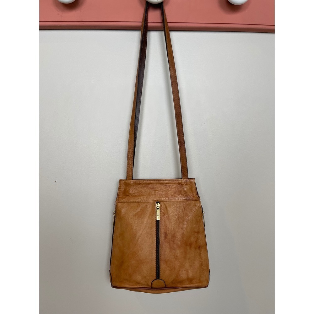 Sustainable Italy Leather bolo crossbody Shoulder zipper Vtg purse Brown Italian